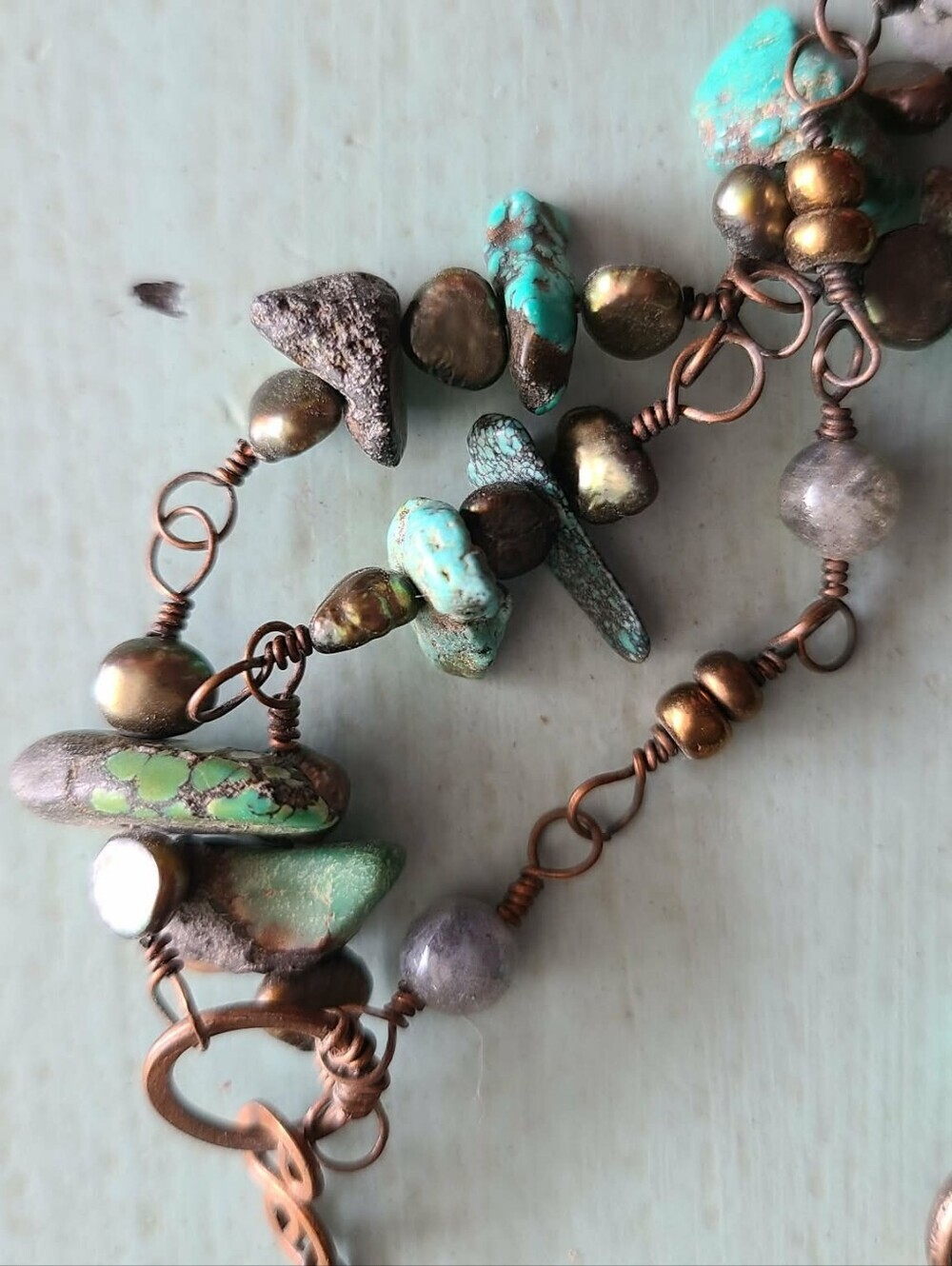 Handmade Turquoise Green And Copper Beaded Necklace and Earring Set - Picture 3 of 5